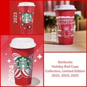 3 STARBUCKS RED CUPS 2023, 2024, 2025.  16 OZ. REUSABLE HOLIDAY CUPS  BRAND NEW!